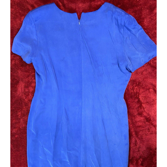 Patrick Petite Collection Size 14 Blue Midi Silk Front Slit Short Sleeve Dress - Picture 13 of 16